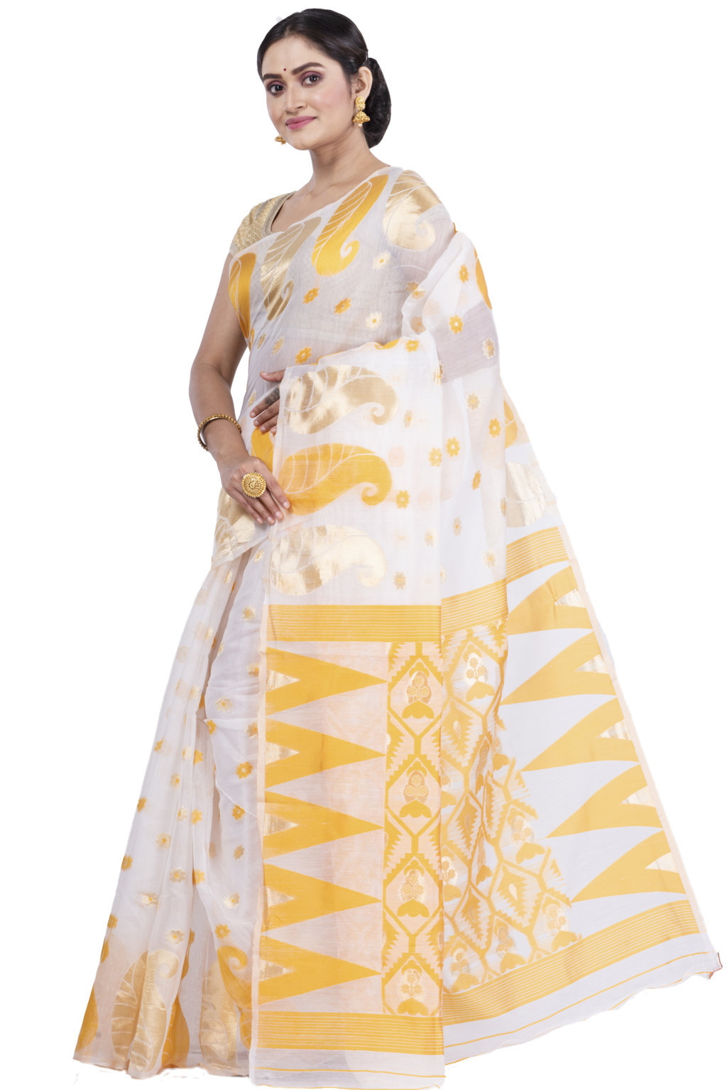 Yellow Pure Cotton Amachal_Jmdni Jamdani Saree (680)